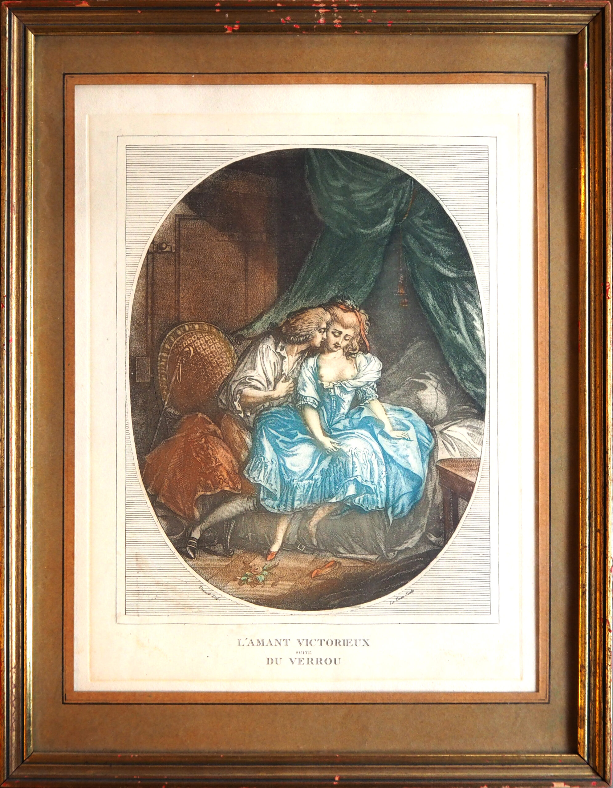 Гравюра старинная “Торжествующий любовник”. Конец XIX века.