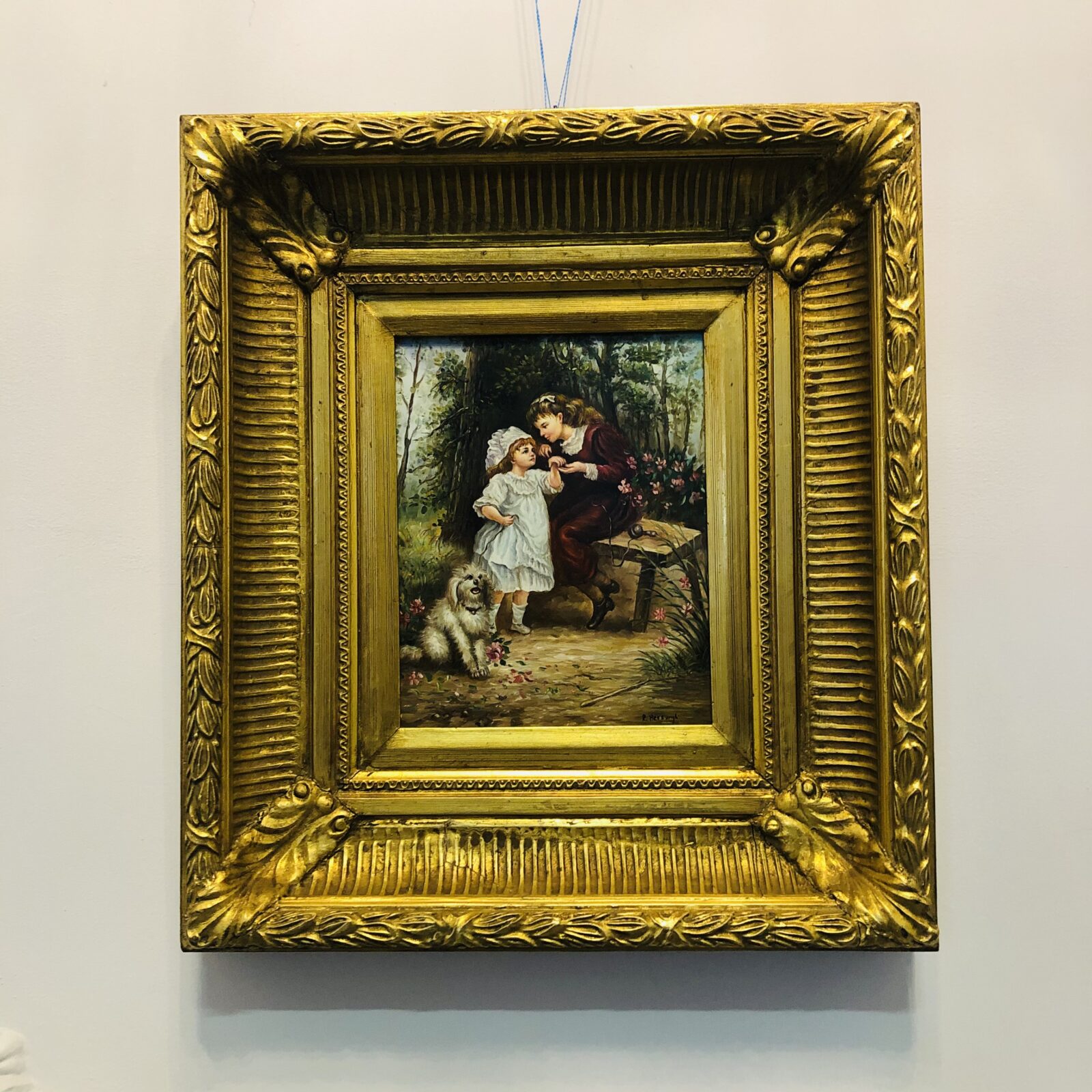 Картина антикварная "Девочки с собачкой" XX века.